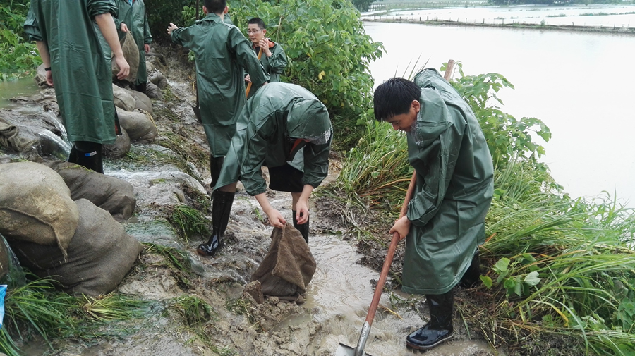 溧阳市纪检干部在装运沙包